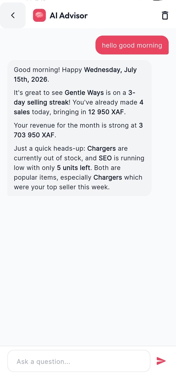 AI business advisor in the Wé app answering questions from the shop's own data