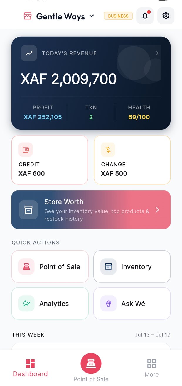 The Wé dashboard showing today's revenue, profit, credit and store worth