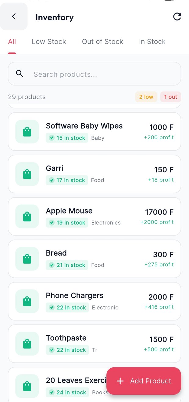 Inventory and low-stock alerts in the Wé shop app, showing profit per item
