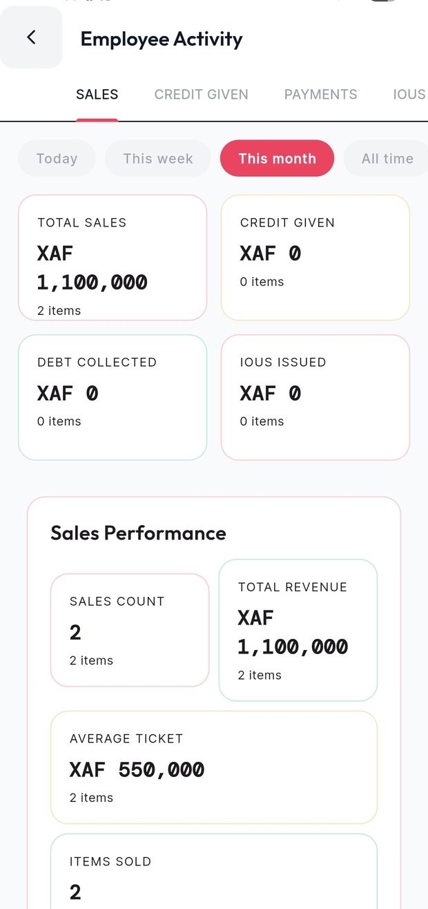 Staff performance in Wé showing sales, credit and revenue per salesperson
