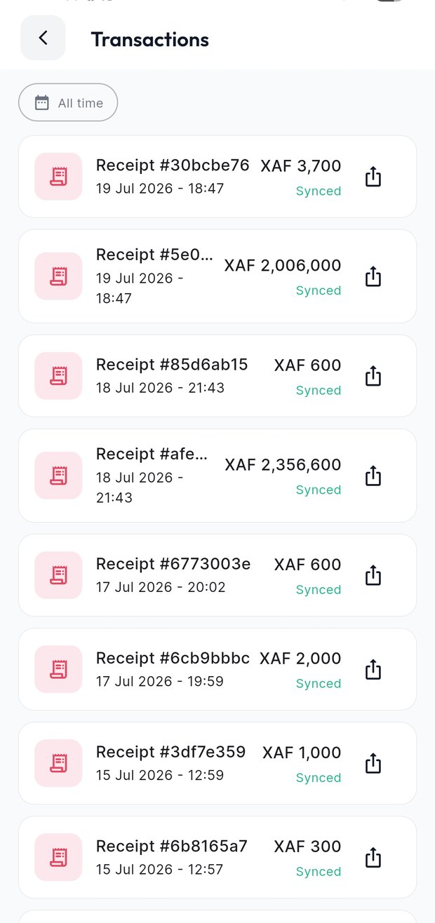 Wé POS app recording a shop sale in Cameroon, marked cash or Mobile Money with a receipt